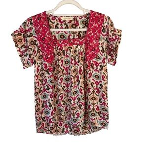 Solitaire Red and Brown Boho Festival Embroidered Patterned Blouse Size M